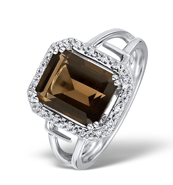 SMOKEY QUARTZ 3.28CT AND DIAMOND 9K WHITE GOLD RING