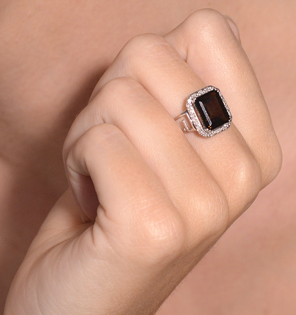 SMOKEY QUARTZ 3.28CT AND DIAMOND 9K WHITE GOLD RING - Image 3