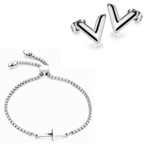 2pc Bracelet and Earring Set - White Gold