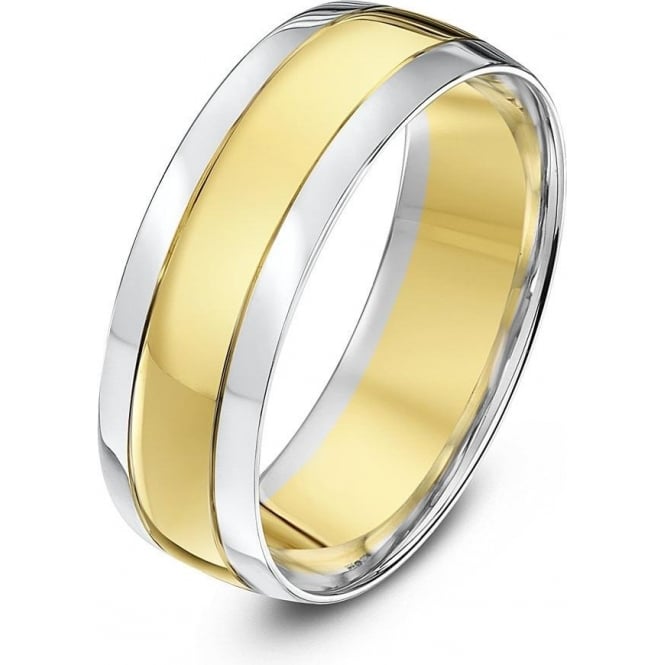 9ct White & Yellow Gold Court Shape Grooved 7mm Wedding Ring