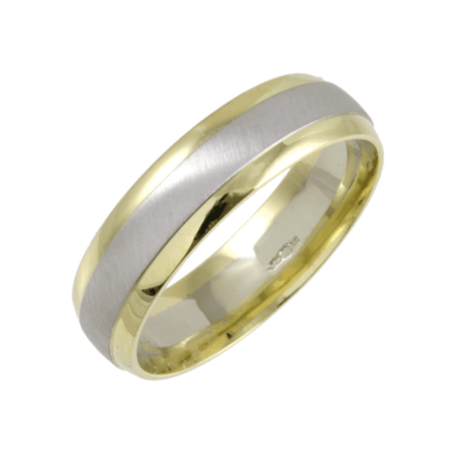 9ct White & Yellow Gold Court Shape Matt Center 6mm Wedding Ring