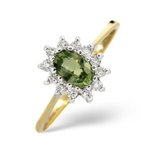 GREEN SAPPHIRE 6 X 4MM AND DIAMOND 9K YELLOW GOLD RING