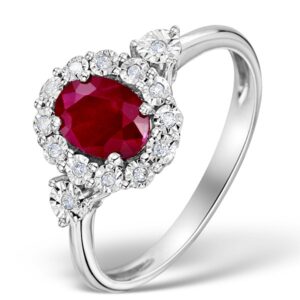 RUBY 7 X 5MM AND DIAMOND 9K WHITE GOLD RING