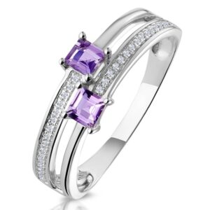 TWIN AMETHYST AND DIAMOND STELLATO RING IN 9K WHITE GOLD