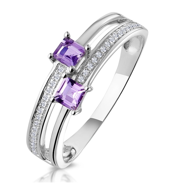 TWIN AMETHYST AND DIAMOND STELLATO RING IN 9K WHITE GOLD
