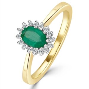 EMERALD 6 X 4MM AND DIAMOND 9K GOLD RING A3205