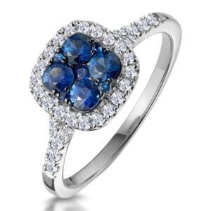 SAPPHIRE AND LAB DIAMOND HALO SQUARE RING 9KW GOLD ASTERIA COLLECTION