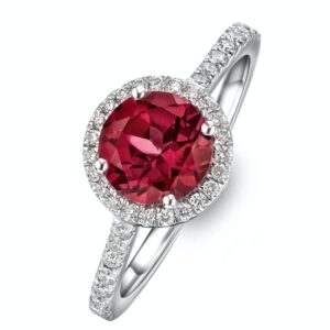 ASTRA 3.60CT LAB RUBY AND DIAMOND HALO SHOULDER SET ROUND CUT RING IN SILVER