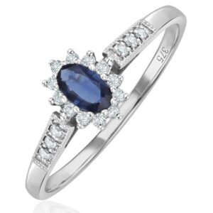 SAPPHIRE 5 X 3MM AND DIAMOND 18K WHITE GOLD RING
