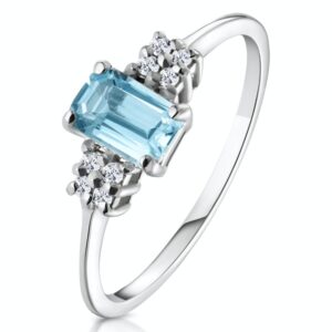 BLUE TOPAZ 6 X 4MM AND DIAMOND RING 9K WHITE GOLD