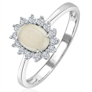 OPAL 7 X 5MM AND DIAMOND 9K WHITE GOLD RING