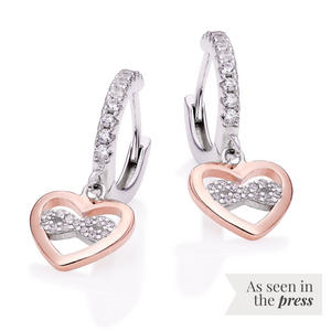 Silver Rose Gold Plated Cubic Zirconia Heart Charm Hoop Earrings