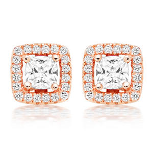 Silver Rose Gold Plated Cubic Zirconia Halo Stud Earrings