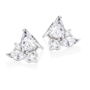 Silver Cubic Zirconia Pear Cluster Stud Earrings