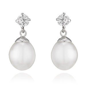 9ct White Gold Cubic Zirconia Freshwater Cultured Pearl Drop Earrings