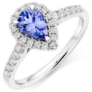 18ct White Gold Diamond Tanzanite Pear Shaped Halo Ring