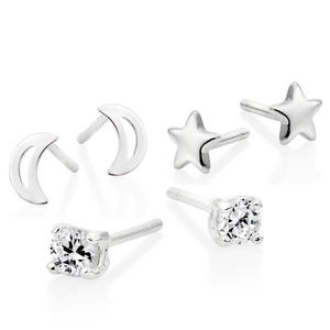 Silver Cubic Zirconia Moon and Star Earrings Set