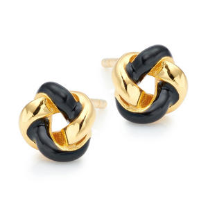 Yellow Gold Plated Black Enamel Stud Earrings