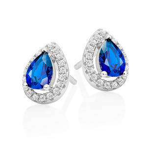 Silver Cubic Zirconia Blue Halo Stud Earrings