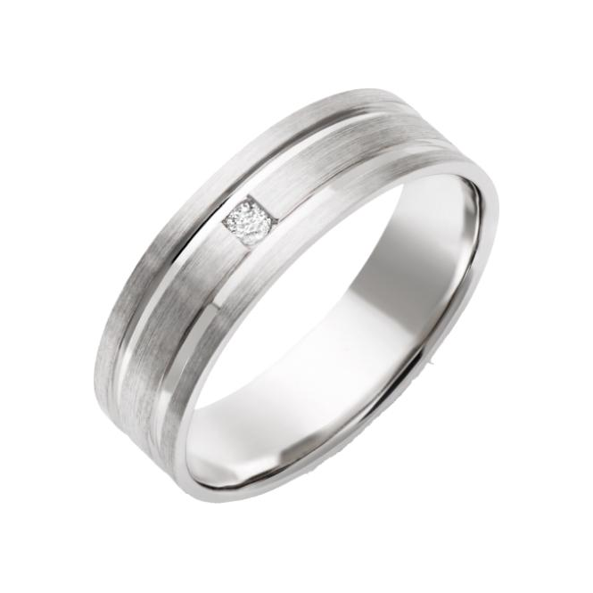 9ct White Gold 0.05 carat Diamond Matt with Polished Grooves 6mm Ring