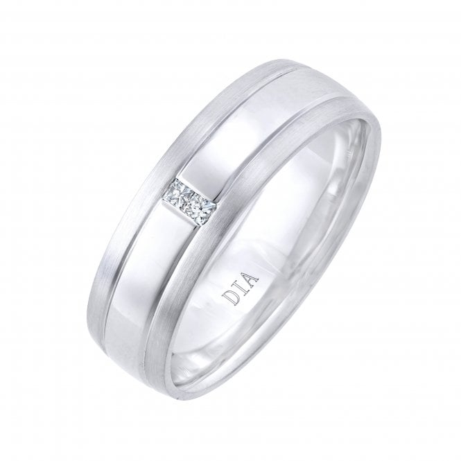 Palladium 950 Court Shape 0.06ct Princess Cut Two Diamond Rub Over Set 6mm Ring