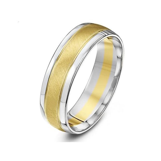 Silver 925 and 9ct Yellow Gold Court Shape Matt Center 7mm Wedding Ring