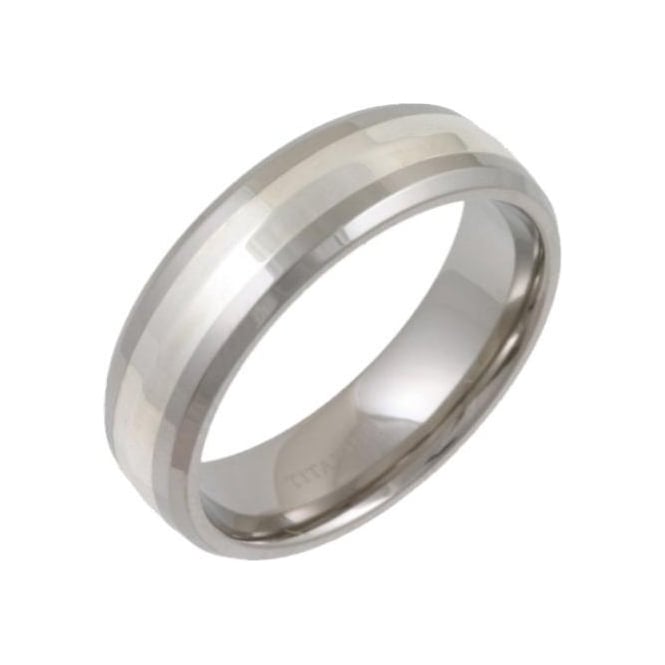 Titanium and Silver Center Shinny Inlay Court Shape 7mm Ring
