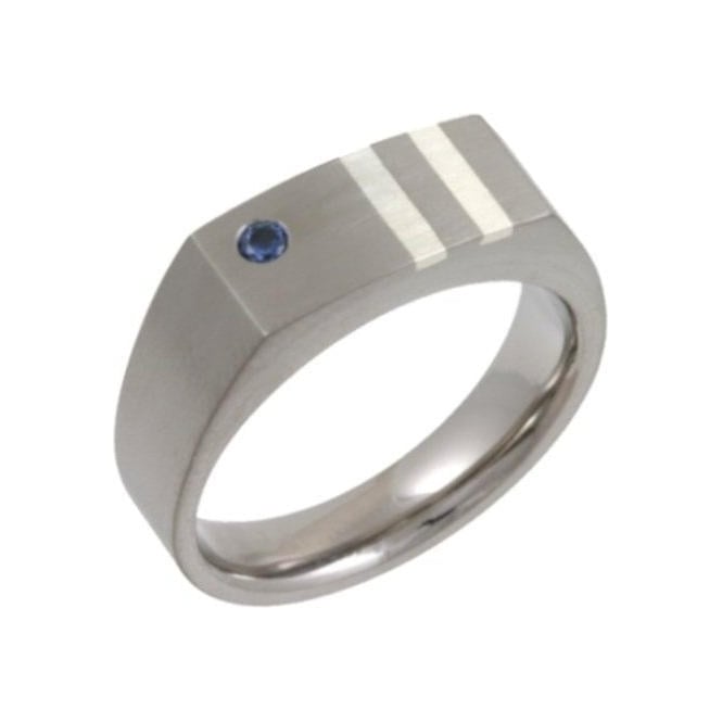 Titanium and Silver Inlay Blue Sapphire Matt 7mm Signet Ring