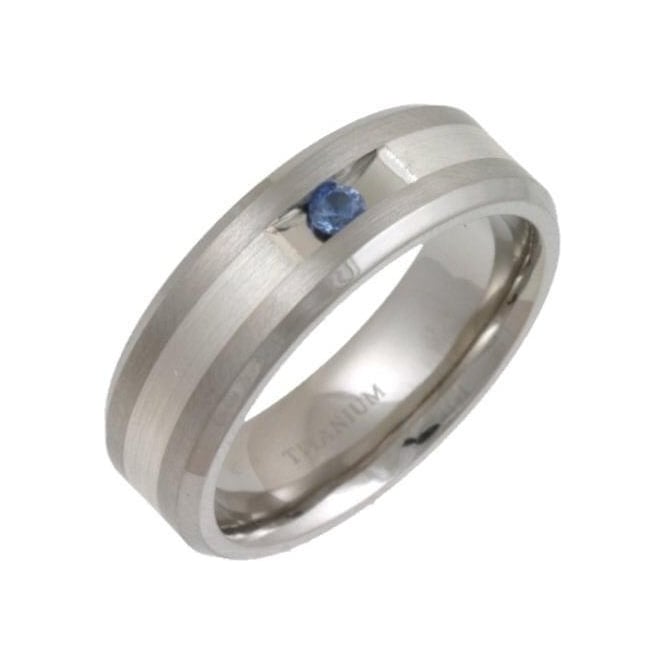 Titanium and Silver Inlay Flat Court Shape Blue Sapphire Matt 7mm Ring