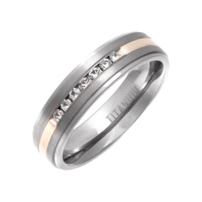 Titanium and Silver Inlay Flat Court Shape CZ Matt 6mm Ring