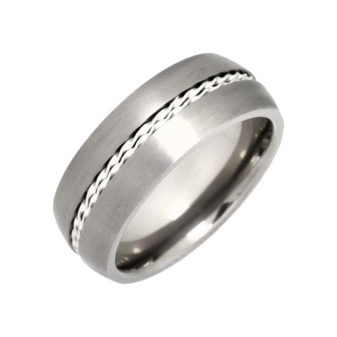 Titanium Court Shape with Two Silver Rope Inlay Matt 8mm Ring