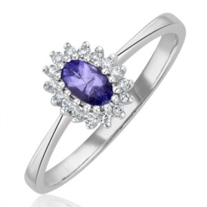 TANZANITE 5 X 3MM AND DIAMOND 9K WHITE GOLD RING A4323Y