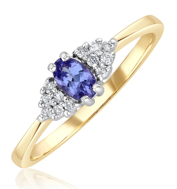TANZANITE 5 X 3MM AND DIAMOND 9K GOLD RING A4324